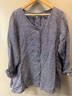 Flax Blue 100% Linen Boxy Button Front Top Size Large